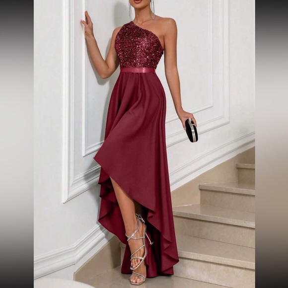 Luxe one shoulder asymmetrical hem satin sequins party dress - Picture 3 of 5